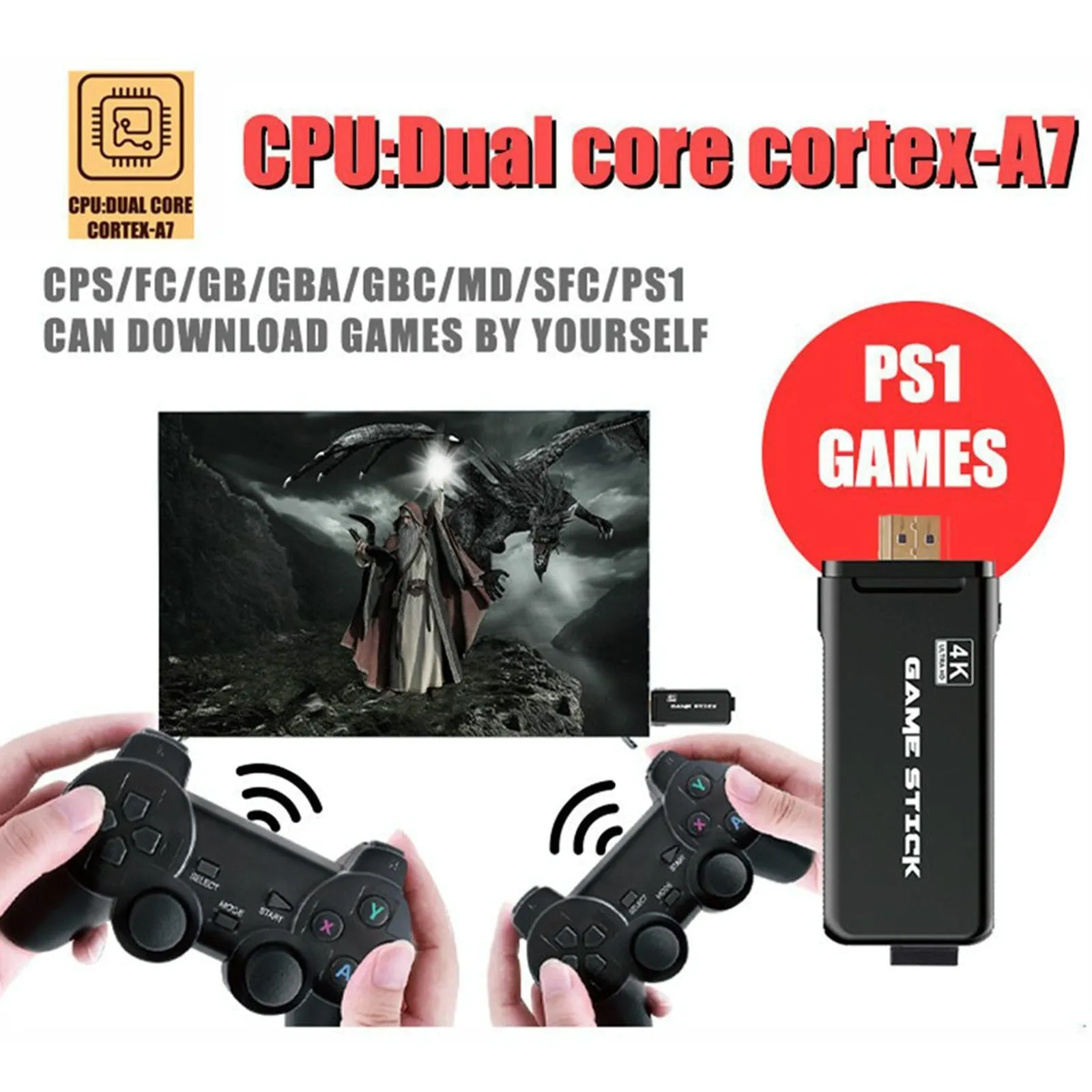 32Gb 4K Retro Game Stick   2 Wireless Gamepads & 3000 Games