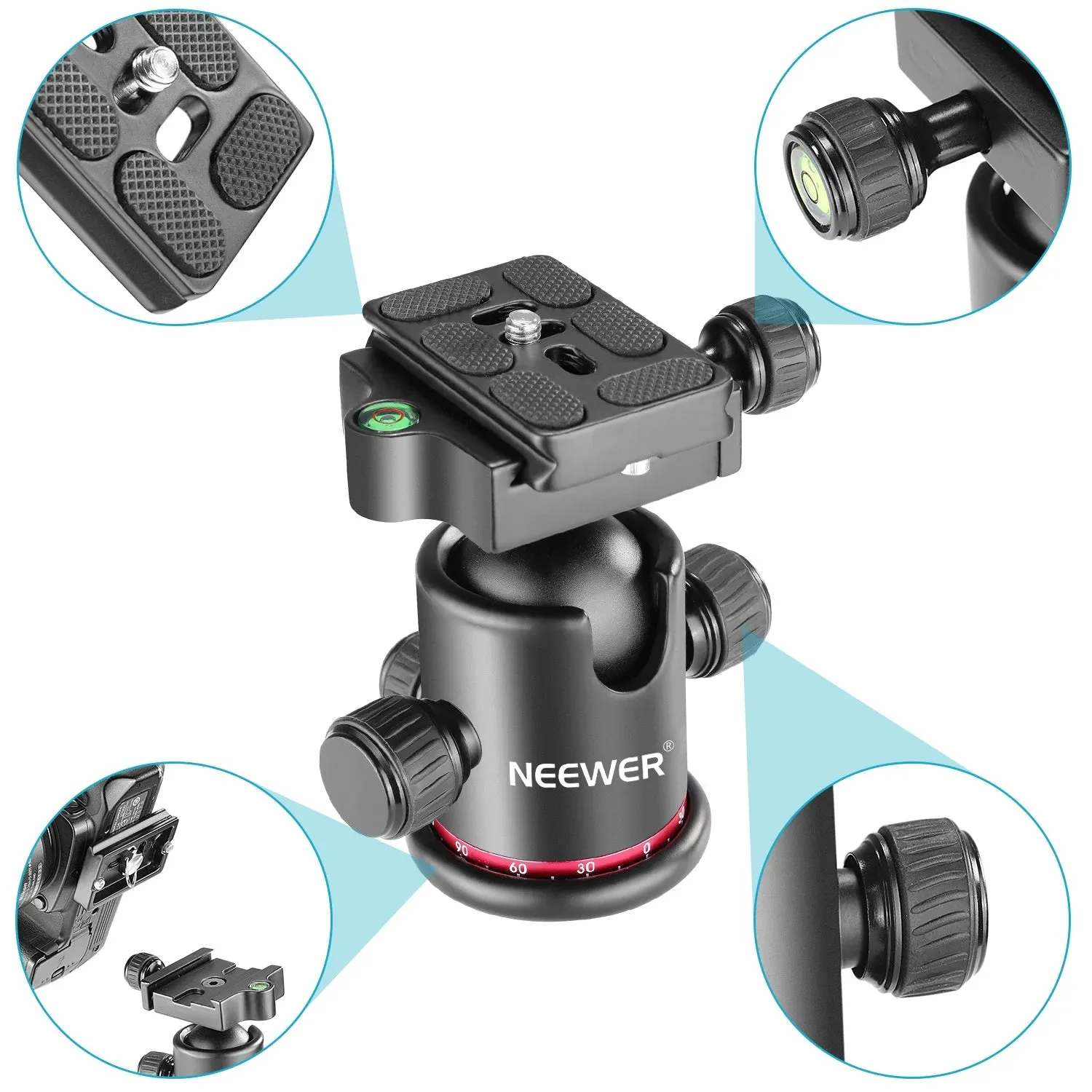 360 Panoramic All Metal Tripod Ball Head with Arca Type Quick Release Plate 1/4 Screw 3/8 Thread Mount