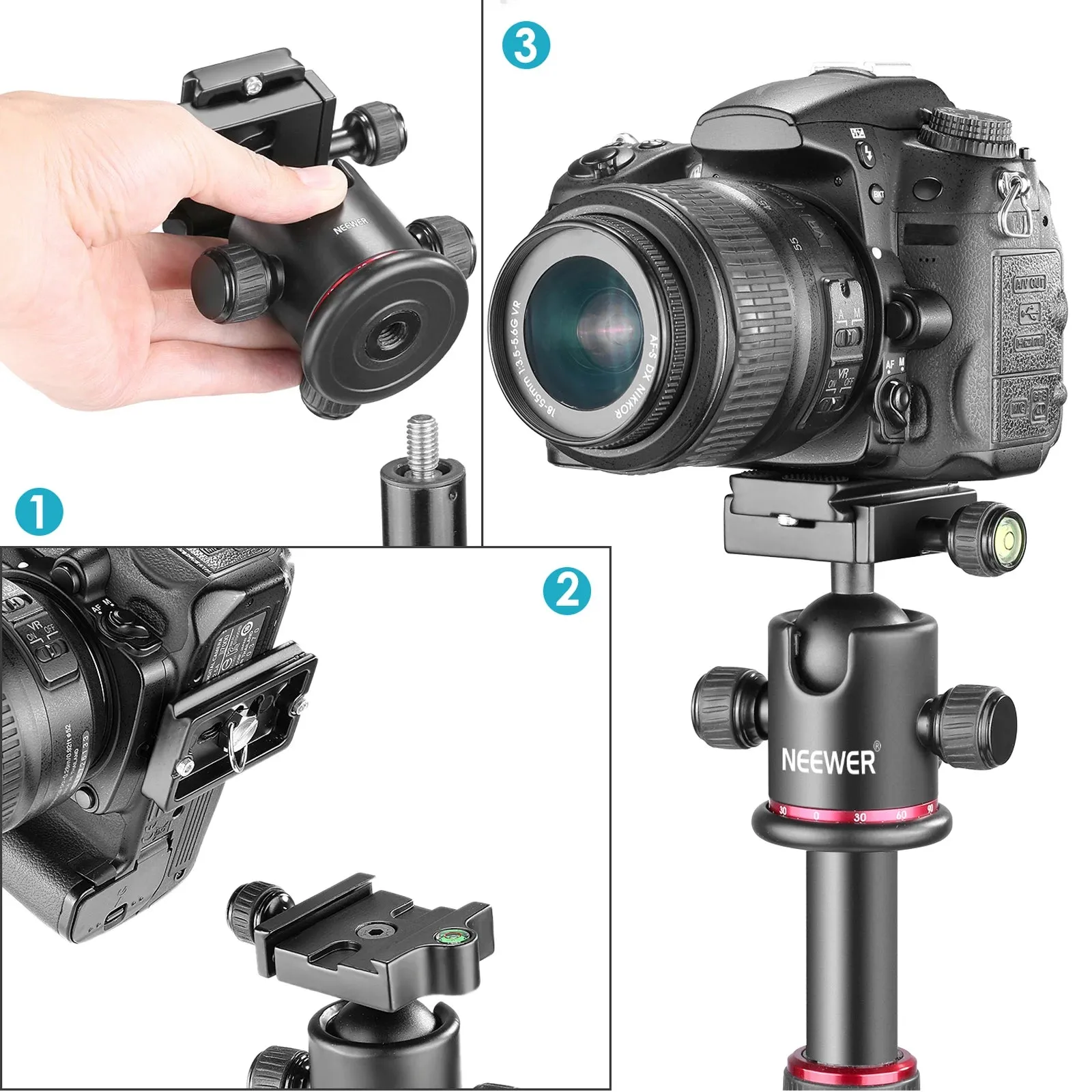 360 Panoramic All Metal Tripod Ball Head with Arca Type Quick Release Plate 1/4 Screw 3/8 Thread Mount